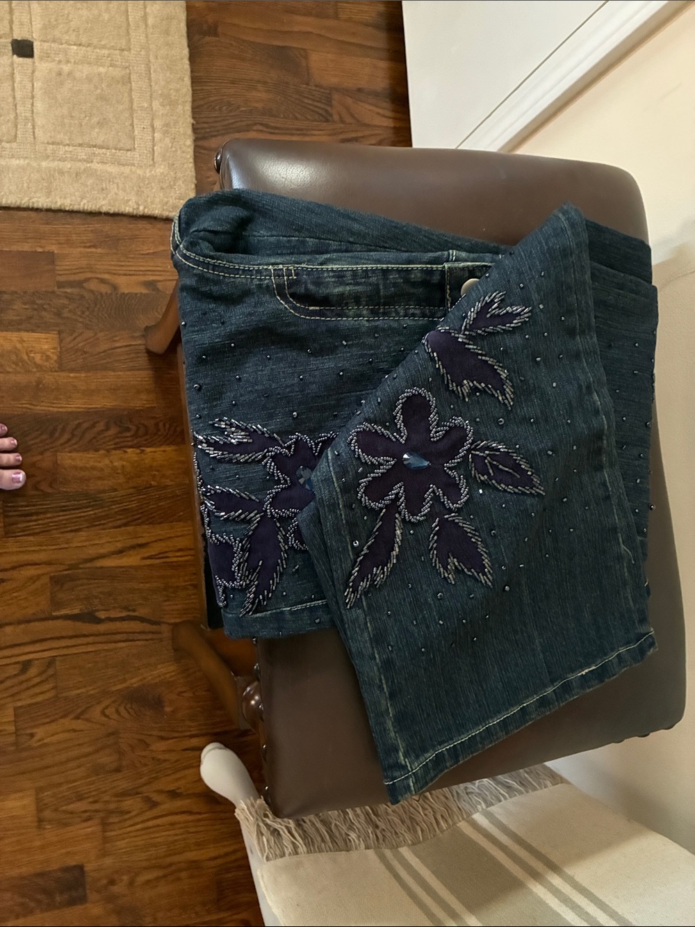 Women's Dark Blue Boot Cut Jeans with dark blue Floral Embroidery beaded beau